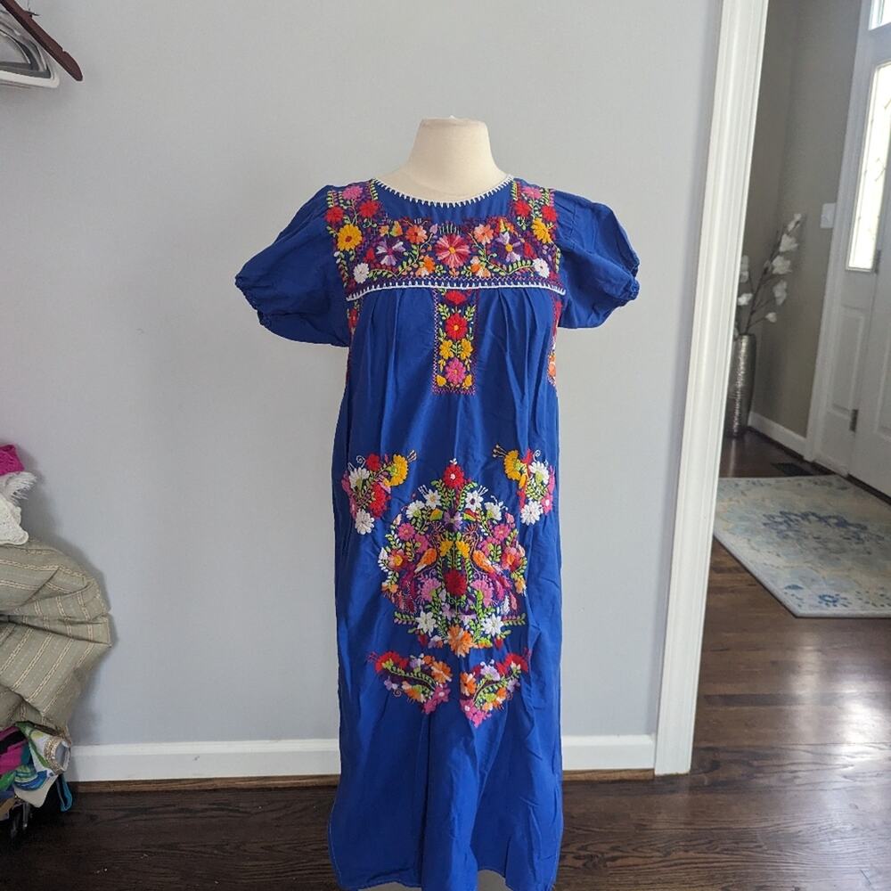 Vintage Puebla Maxi Dress Small 70s Blue Colorful Flower Basket Cotton - Picture 5 of 10